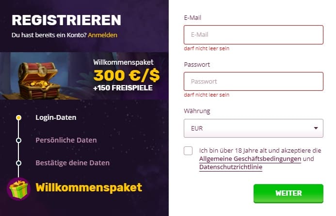 Registrierung im Playamo casino